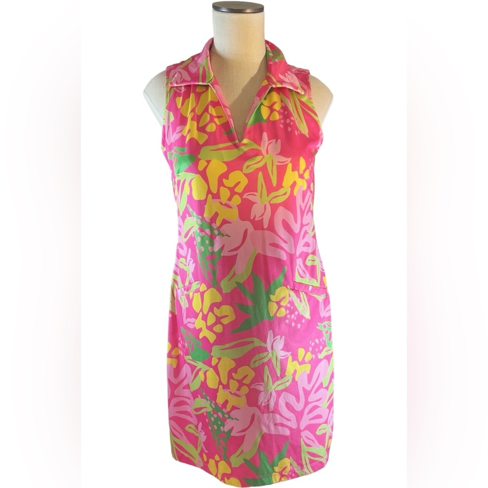 Katherine Way Sleeveless Golf Shift Dress in Tropical Pink Multi Print  …